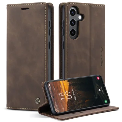 CASEME 013 Series Para Samsung Galaxy S24 Caso Anti-queda Couro PU Suporte Protetor de Celular - Café