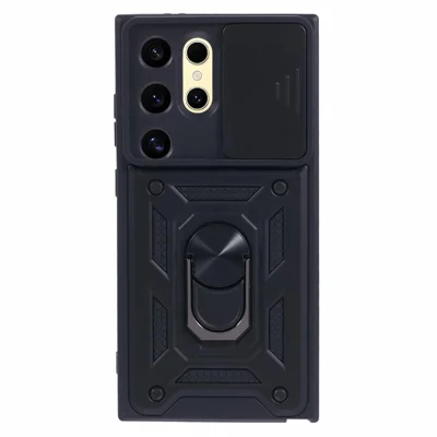 For Samsung Galaxy S24 Ultra Case Kickstand Phone Cover with Slide Lens Protection - Black