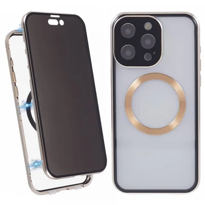 For iPhone 14 Pro Max Anti-Peep Case Tempered Glass Metal Bumper Phone Cover Compatible with MagSafe - Gold