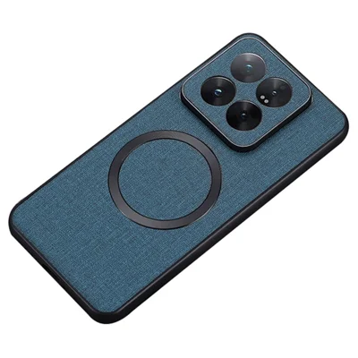 Pour Xiaomi 14 Coque Fine TPU+Tissu Housse de Téléphone Compatible avec MagSafe - Bleu Foncé