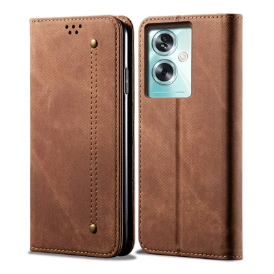 Für Oppo A79 5G / A2 5G Hülle Jeans-Stoffoptik mit Geldbörse, Ständer, Lederschutz – Kaffee