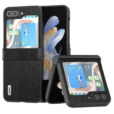 ABEEL For Samsung Galaxy Z Flip5 5G Case Wood Texture Hinge Design Leather+PC Cover - Black