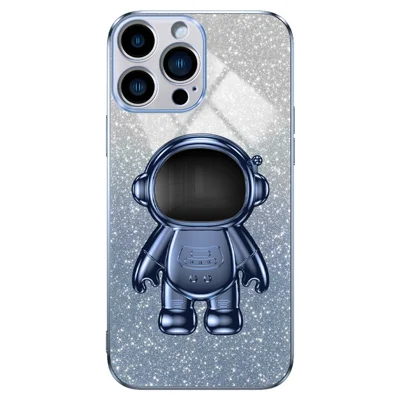For iPhone 14 Pro Max Case Astronaut Kickstand Glitter Powder PC+TPU Phone Cover - Blue