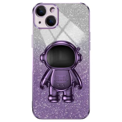 For iPhone 14 Plus Case PC+TPU Phone Cover Back Shell with Astronaut Kickstand - Purple