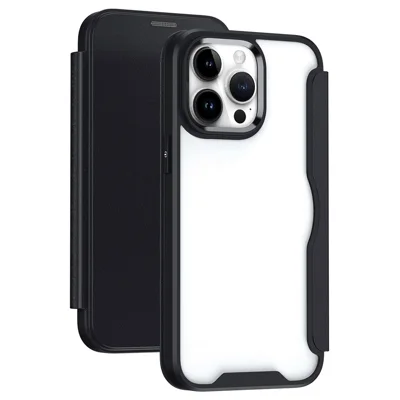 For iPhone 13 Pro Max 6.7 inch Cell Phone Cases Leather+TPU+Acrylic Card Slot Anti-fall Cover - Black