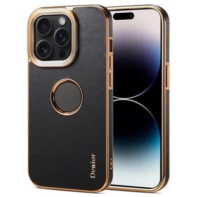 DENIOR For iPhone 14 Pro Case Electroplating Calf Texture Shockproof Phone Back Shell - Black