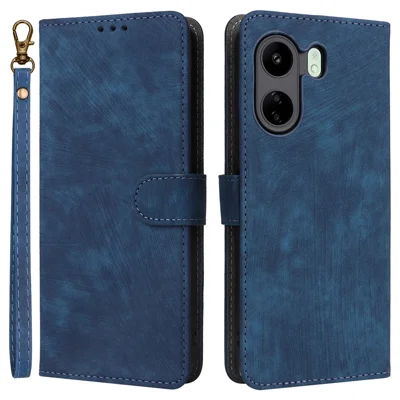 For Xiaomi Poco C65 4G / Redmi 13C 4G Cell Phone Case with Strap PU Leather RFID Blocking Cover - Blue