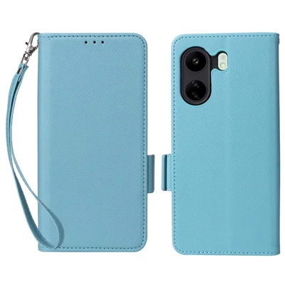 For Xiaomi Poco C65 4G / Redmi 13C 4G Cover PU Leather Wallet Cell Phone Case with Strap - Baby Blue