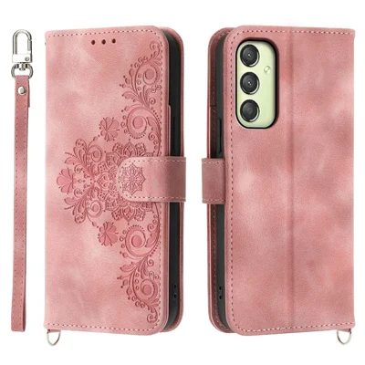 For Samsung Galaxy A25 5G (Global) (161.0 x 76.5 x 8.3mm) Case Flower Imprinted Phone Leather Cover with Straps - Pink