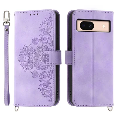 For Google Pixel 8a Case Multiple Card Slots Leather Cover with Hand Strap + Shoulder Strap - Light Purple