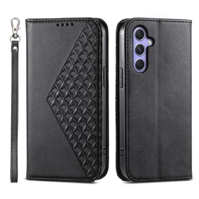 Til Samsung Galaxy A25 5G (Global) (161,0 x 76,5 x 8,3 mm) Taske i Kalvlæder med Rombepræget Mønster - Sort