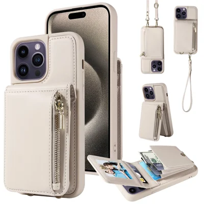 For 	iPhone 15 Pro Max Case RFID Blocking PU+TPU Wallet Phone Guard Cover - Beige
