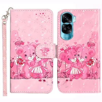 For Honor 90 Lite 5G / X50i 5G Phone Case 3D Pattern PU Leather Wrist Strap Cover - Bears