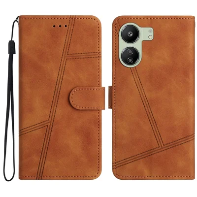 For Xiaomi Redmi 13C 4G / 13C 5G / 13R 5G / Poco C65 4G / Poco M6 5G Anti-Fall Cell Phone Cases Lines Imprinted Leather Cover - Brown