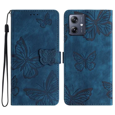 For Motorola Moto G54 5G Wallet Case Butterfly Imprinted Leather Flip Phone Cover - Blue
