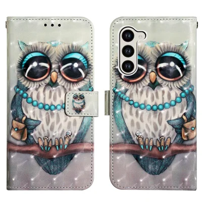Etui skórzane do Samsung Galaxy S24 z nadrukiem 3D, portfel z podstawką i paskiem - Szara Sowa