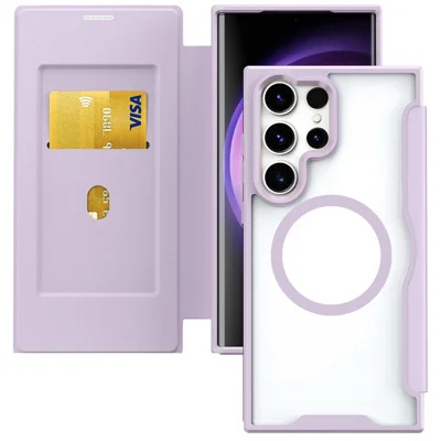 Magnetic Phone Case for Samsung Galaxy S24 Ultra Shell TPU+Acrylic+PU Leather Card Slot Cover - Purple