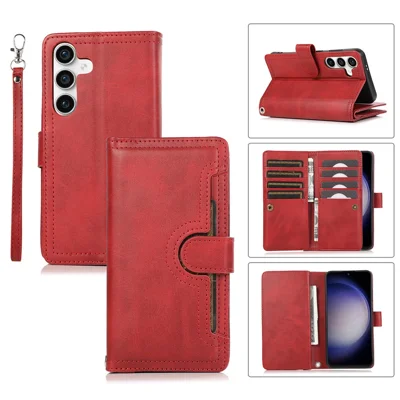 Für Samsung Galaxy S24 Case Split Leder Folio Stand Mehrere Kartenschlitze Handyhülle - Rot