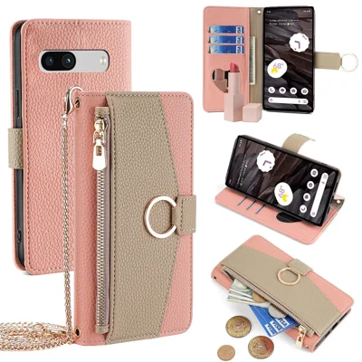 For Google Pixel 7a Cell Phone Cases Crossbody PU Leather Wallet Cover with Makeup Mirror - Pink