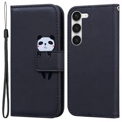 For Samsung Galaxy S23+ Cell Phone Case Cartoon Animal Flip PU Leather Shell with Strap - Black