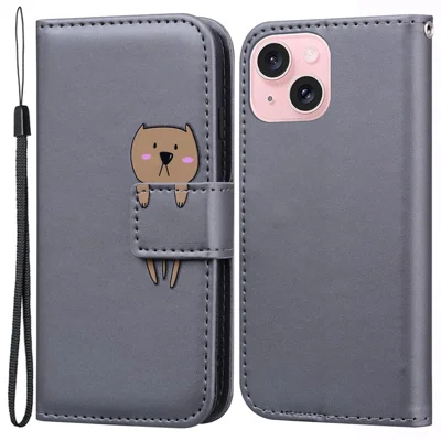 For iPhone 15 Plus Cell Phone Case Cartoon Animal Pattern Anti-drop PU Leather Cover - Grey