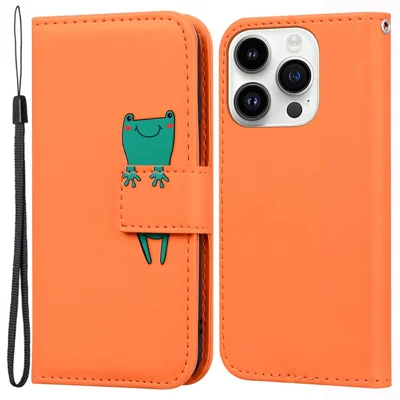 For iPhone 14 Pro Max Cell Phone Case Animal Pattern PU Leather Wallet Stand Cover with Strap - Orange