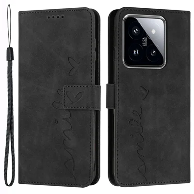 For Xiaomi 14 Cell Phone Case Heart Shape Imprinted PU Leather Stand Cover - Black
