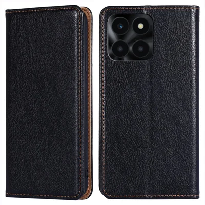 For Honor X6a 4G Cell Phone Case PU Leather Wallet Shockproof Flip Stand Cover - Black