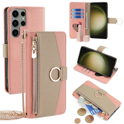 For Samsung Galaxy S23 Ultra Case Zipper Pocket Phone Cover with Shoulder Strap - Pink