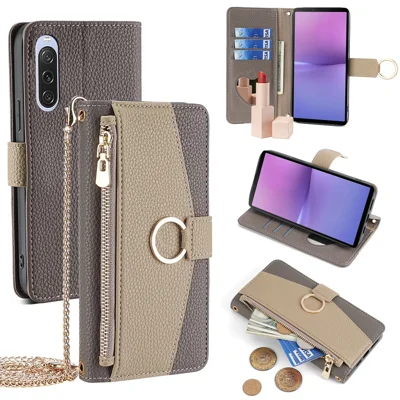 For Sony Xperia 10 V Case Zipper Pocket Leather Cover with Makeup Mirror - Grey