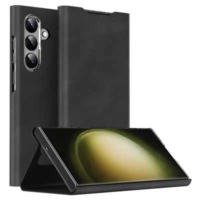 For Samsung Galaxy S24 Phone Case Nappa Texture PU Leather+PC Card Holder Cover - Black