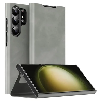 For Samsung Galaxy S24 Ultra Case Nappa Texture Stand Card Holder Mobile Phone Cover - Grey