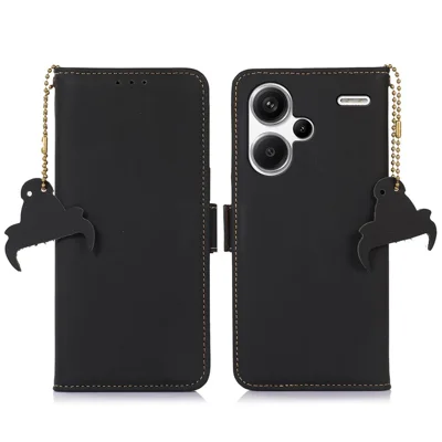 For Xiaomi Redmi Note 13 Pro+ 5G Cell Phone Case Silky Genuine Cow Leather Wallet Cover - Black