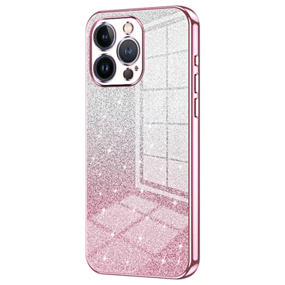For iPhone 13 Pro Cell Phone Case Precise Cutout Electroplating Gradient Glitter TPU Cover - Pink