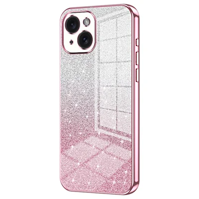 For iPhone 15 Cell Phone Case Precise Cutout Gradient Glitter Anti-drop TPU Cover - Pink
