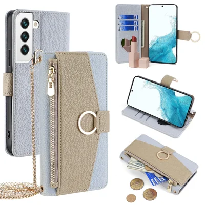 For Samsung Galaxy S22 5G Magnetic Case Leather Zipper Pocket Phone Guard Cover with Finger Ring - Blue