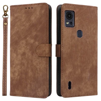 For Cricket Icon 5 / AT&T Motivate 4 Case RFID Blocking PU Leather Phone Cover with Strap - Brown