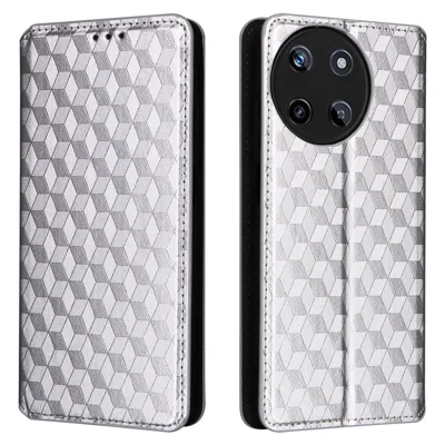 For Realme 11 4G (159.9x73.3x7.95mm) Wallet Phone Case Rhombus Pattern PU Leather Cover - Silver