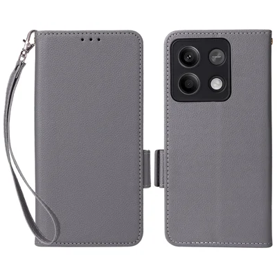 For Xiaomi Redmi Note 13 Pro 5G / Poco X6 5G Cell Phone Case Litchi Texture Leather Cover with Strap - Grey