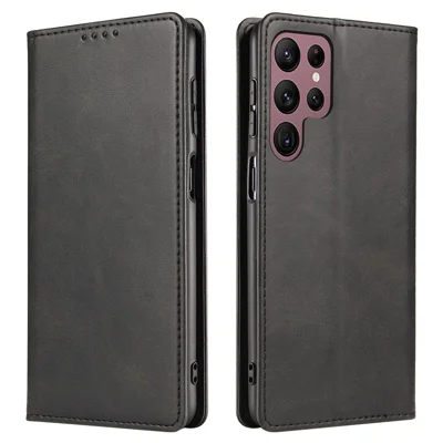For Samsung Galaxy S24 Ultra Case Magnetic Auto Closing Cell Phone Shell PU Leather Cover - Black