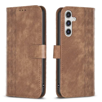 For Samsung Galaxy A35 5G Case Imprinted Grid Wallet Leather Cover - Brown
