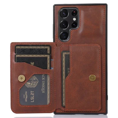 For Samsung Galaxy S24 Ultra Case Card Holder Kickstand PU Leather+TPU Phone Cover - Coffee