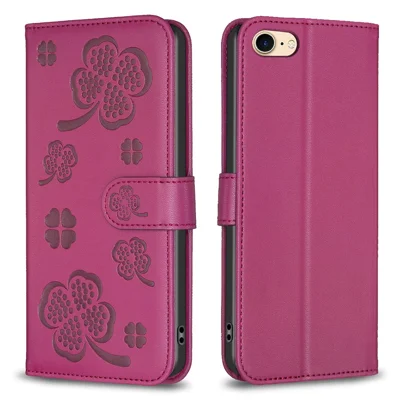 For iPhone 6 / 6s / 7 / 8 / SE (2020) / SE (2022) Phone Case PU Leather Clover Imprinted Wallet Cover - Rose