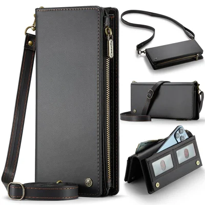 CASEME Me10 Crossbody Bag für 4.0-6.7'' Telefon Reißverschlussbrieftasche Geldbörsen Lederetui mit 12 Kartenfächern - Schwarz