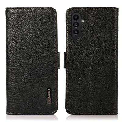 KHAZNEH Dla Samsung Galaxy A25 5G (Global) (161,0 x 76,5 x 8,3 mm) Futerał z Naturalnej Skóry Wołowej Stojak RFID Blocking Flip Cover - Czarny