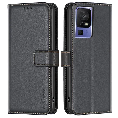 BINFEN COLOR BF17 For TCL 40 SE Leather Case Wallet Phone Stand Cover - Black
