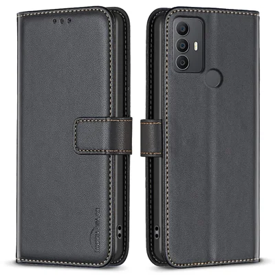 BINFEN COLOR BF17 For TCL 305 / 306 / 30 SE / 30E Leather Case Wallet Flip Phone Cover - Black