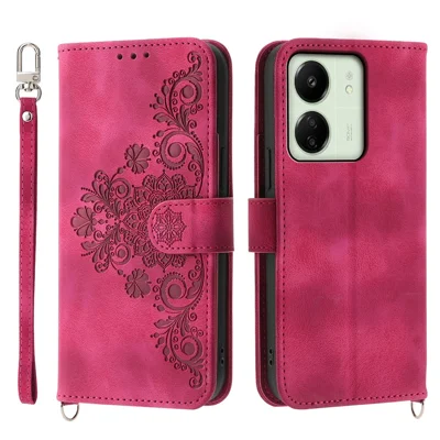 For Xiaomi Redmi 13C 4G / 13C 5G / Poco C65 4G / Poco M6 5G / 13R 5G Case Skin Touch Flower Imprinted Phone Wallet Cover - Wine Red
