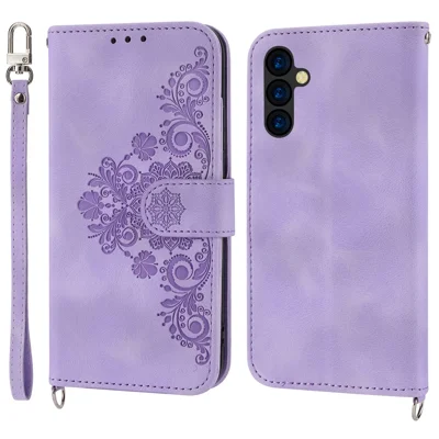 Coque de téléphone portable pour Samsung Galaxy A35 5G, housse imprimée en fleurs en cuir PU+TPU avec sangles - Violet clair
