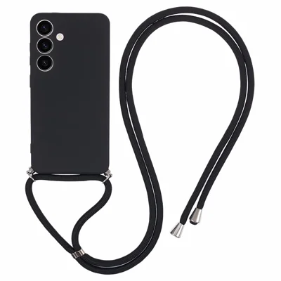 For Samsung Galaxy S24+ TPU Phone Case Rubberized Fiber Inner Lining Protective Shell with Lanyard - Black